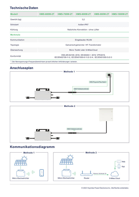 Balkonkraftwerk 820W, Hoymiles HMS-800W-2T, 5m Schuko-Kabel Komplett Set