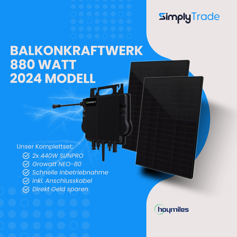 Balkonkraftwerk Set 880W 2xSUNPRO Solar Modul + Growatt NEO 800 M-X, 5m Schuko-Kabel