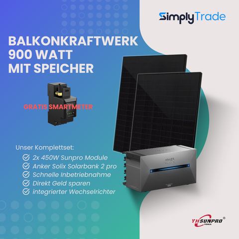 Balkonkraftwerk Set 900W 2xSUNPRO Solar Modul, Anker Solarbank 2 Pro